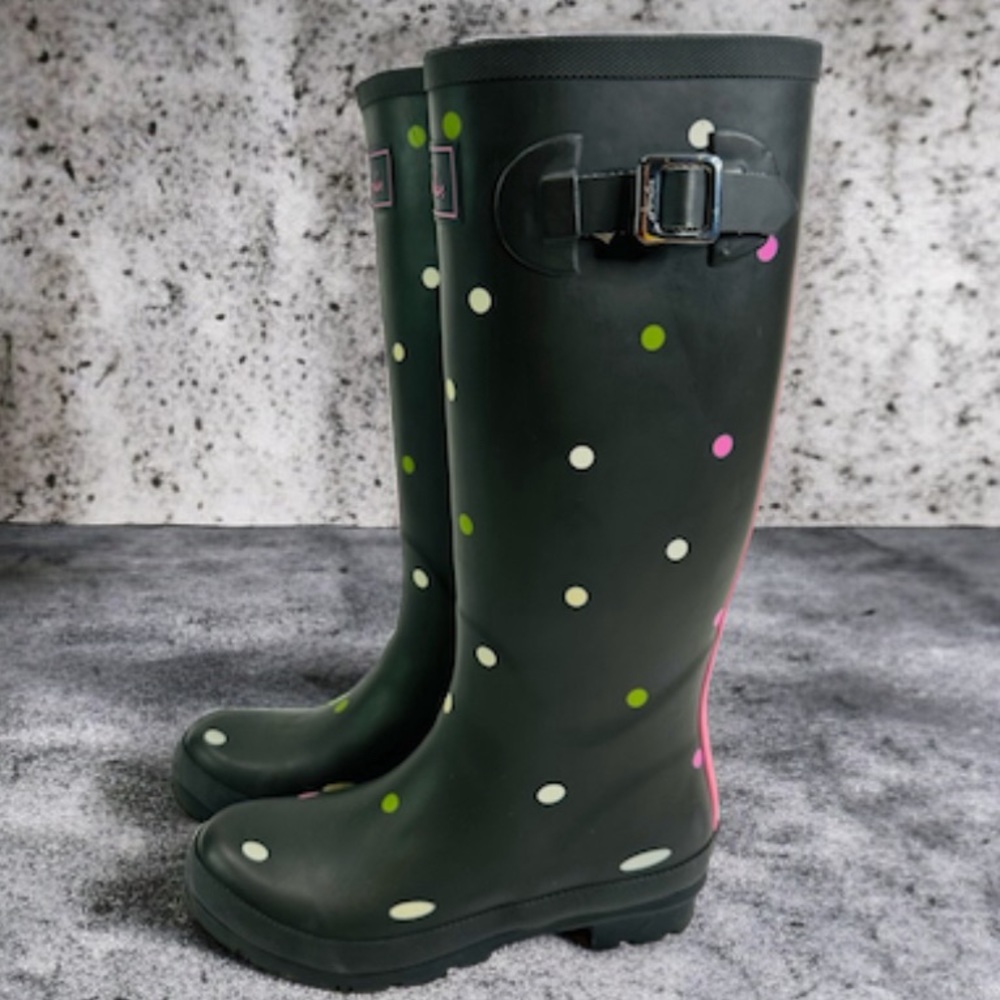 💚 JONLES OLIVE GREEN POLKA DOT RAIN BOOTS 15.5” H WOMENS SIZE 7 LIKE NEW 🌸